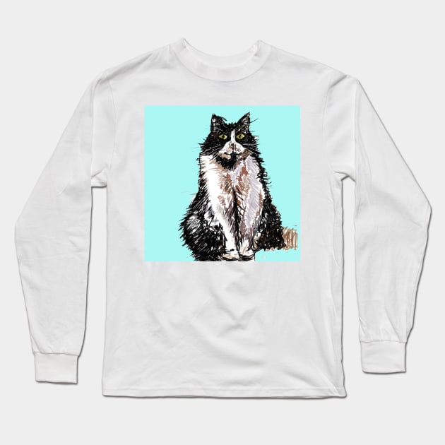 Tuxedo Cat Cute Drawing - on Turquoise Long Sleeve T-Shirt by SarahRajkotwala